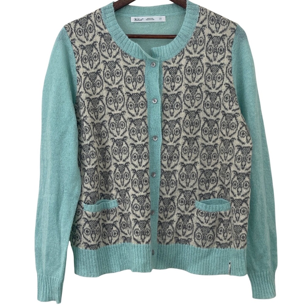 Woolrich Womens Wool Mohair Blend Cardigan Sweater Large Owl Pattern Aqua‎ Blue
